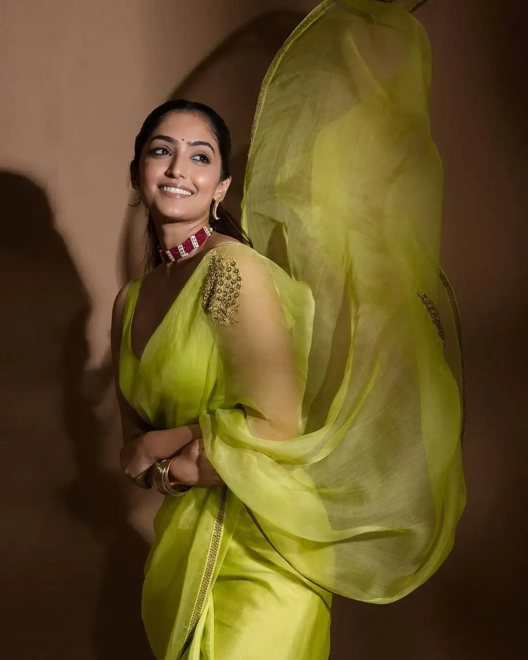 Indian Actress Reba Monica John In Lemon Green Saree